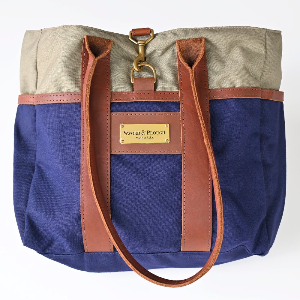 Sword & Plough Signature Tote Bag Blue and Tan w/Leather Made In USA-Like New